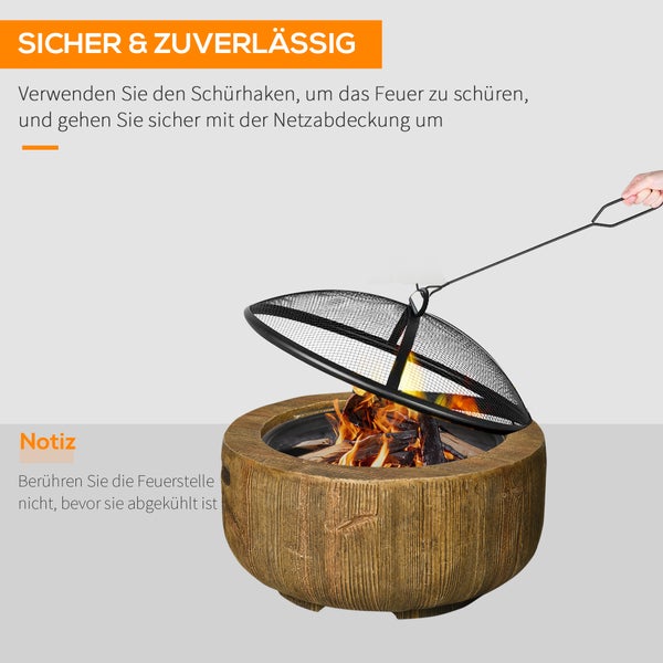 Outsunny Feuerschale, Feuerstelle mit Deckel, Feuerkorb mit Schürhaken, im Baumstumpf-Design, für Garten, Camping, Terrasse, Stahl, MgO, Braun