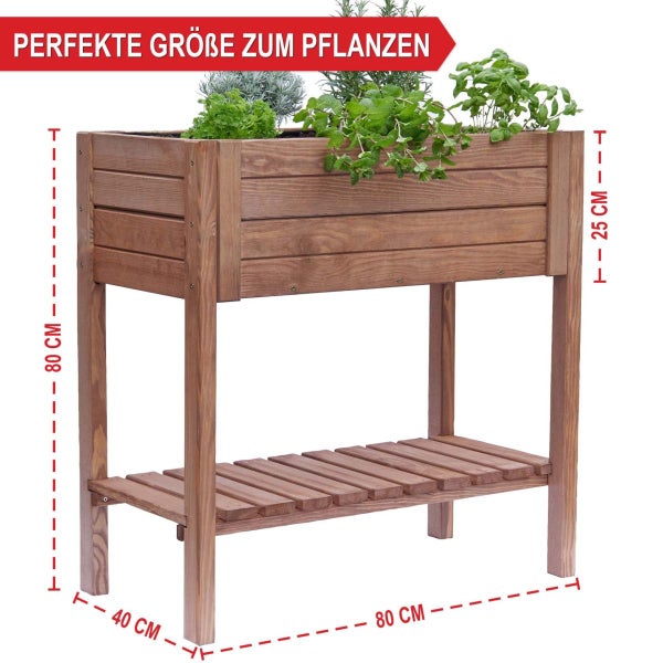 Großzügige Ablagefläche eines hölzernen Pflanztisches mit Gießkanne, Blumentopf und Handbesen im Garten.