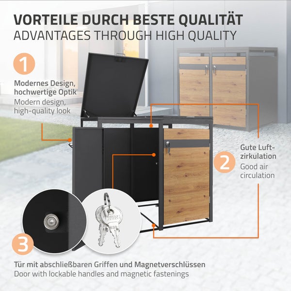 Mülltonnenbox aus Metall mit Paneelen in Holzoptik, offener Deckel und Tür, mit Schloss, Magnetverschluss und Belüftungsschlitzen.