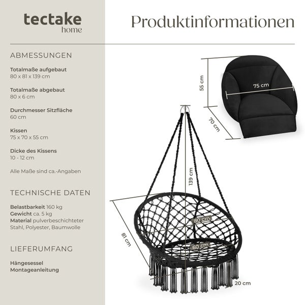 tectake home Hängesessel Produktinformationen mit Abmessungen in Zentimetern und einer Belastbarkeit von 160 Kilogramm.