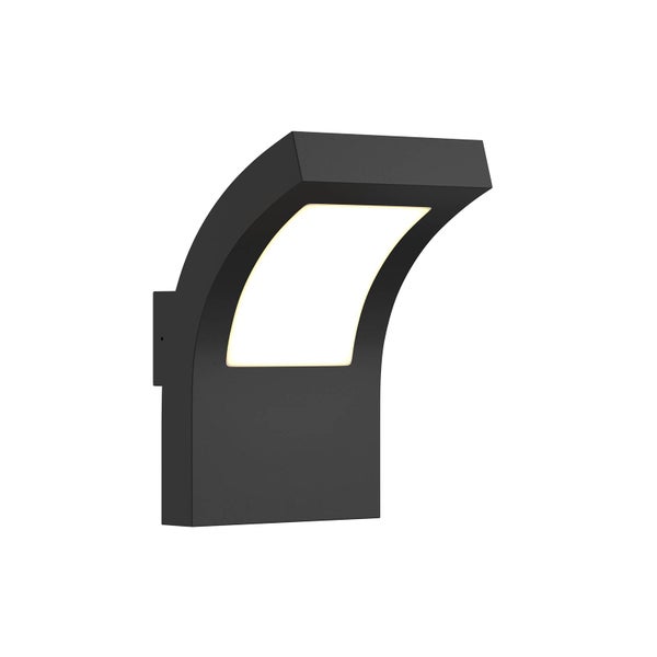 Moderne LED-Außenwandleuchte in Anthrazit mit gebogenem Design und warmweißem Lichtpaneel.