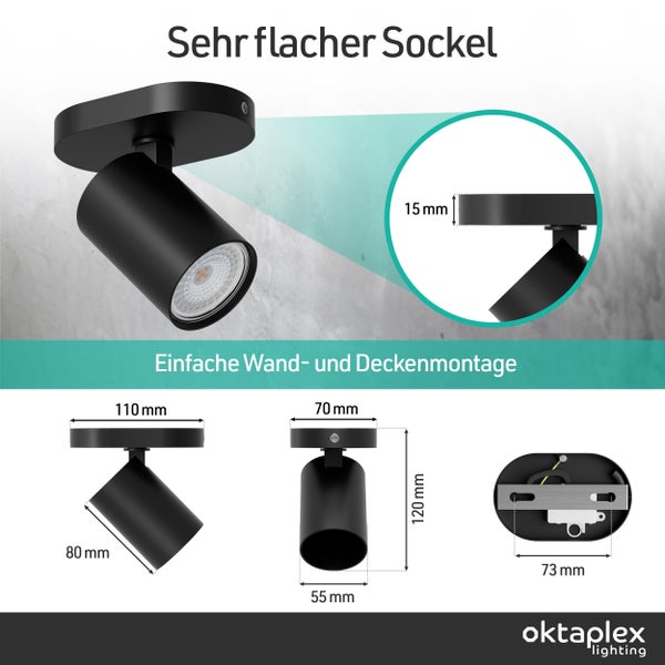 Schwarzer Strahler mit flachem 15 Millimeter Sockel, Breite 110 Millimeter, Gesamthöhe 120 Millimeter für Wand und Decke. oktaplex lighting Logo.