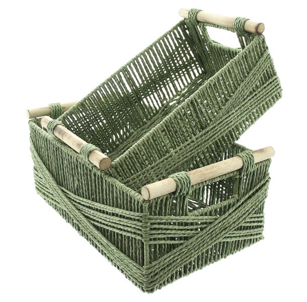 FRANK FLECHTWAREN | Füllkorb Holzgriff, 2er Set, PAPIER, METALL, 31 x 20 x 12 cm, 36 x 23 x14 cm