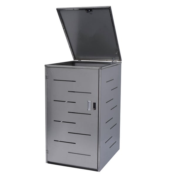 Mülltonnenbox mit geöffnetem Deckel und horizontalen Schlitzen