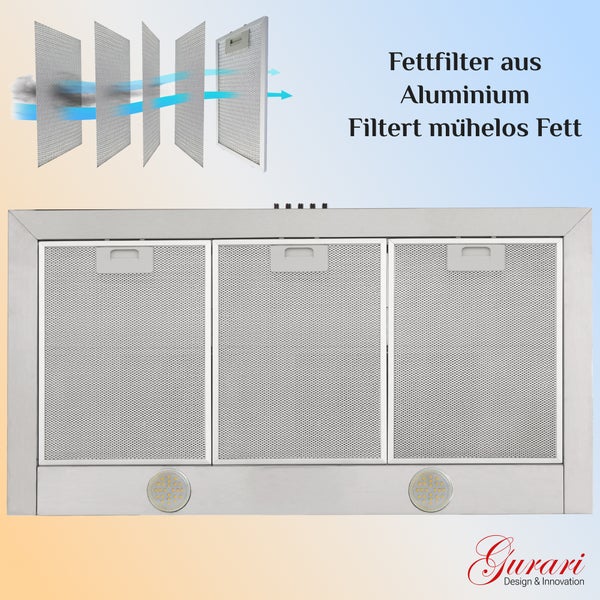 Dunstabzugshaube mit drei Aluminium Fettfiltern und integrierter Beleuchtung, Gurari Logo.