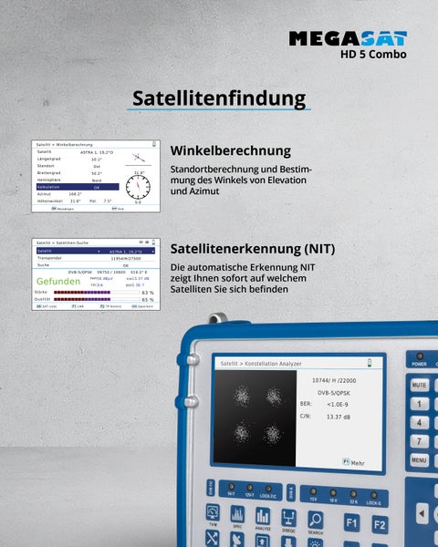 Megasat HD 5 Combo Satelliten Messgeraet mit Signalpegelanzeige, Spektrumanalyse, Konstellationsdiagramm und Transponderkontrolle.