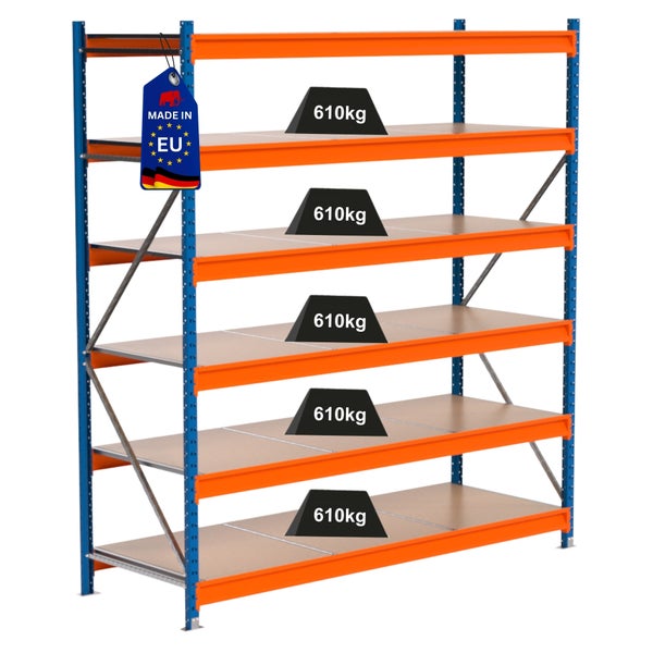 Regal mit fünf Fächern und Belastungsgewichten von 610 Kilogramm, Hergestellt in der EU Kennzeichen