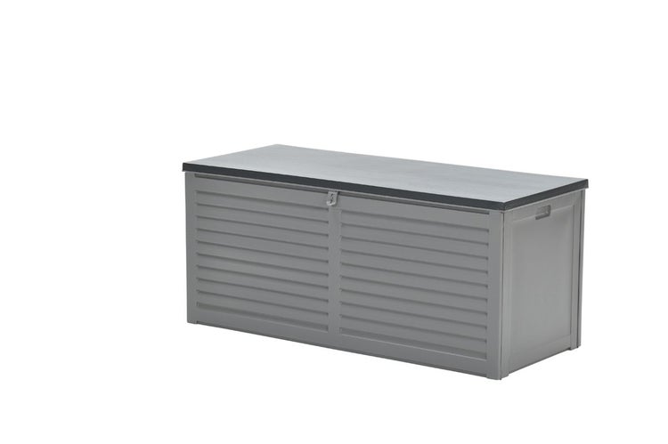 Graue Gartenbox aus Kunststoff mit Lamellenoptik und dunklem Deckel.