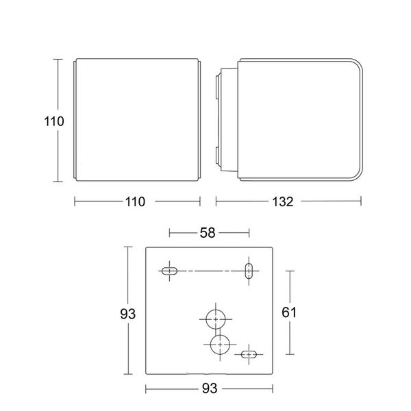 Technische Zeichnung mit Maßen in Millimeter: Breite 110, Höhe 110, Tiefe 132 sowie Montageplatte 93 mal 93.