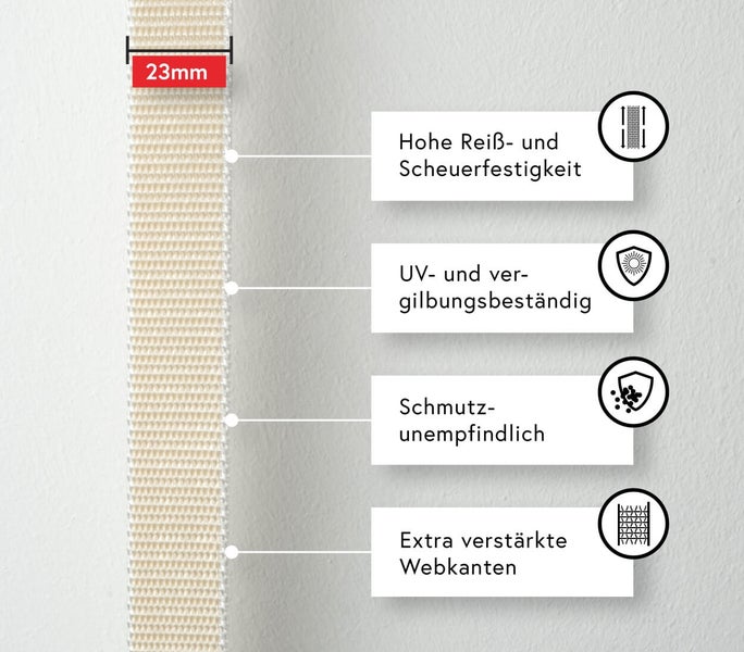 Gurtband mit einer Breite von 23 Millimeter, hoher Reiss- und Scheuerfestigkeit, UV- und Vergilbungsbeständigkeit, schmutzunempfindlich und extra verstärkten Webkanten.