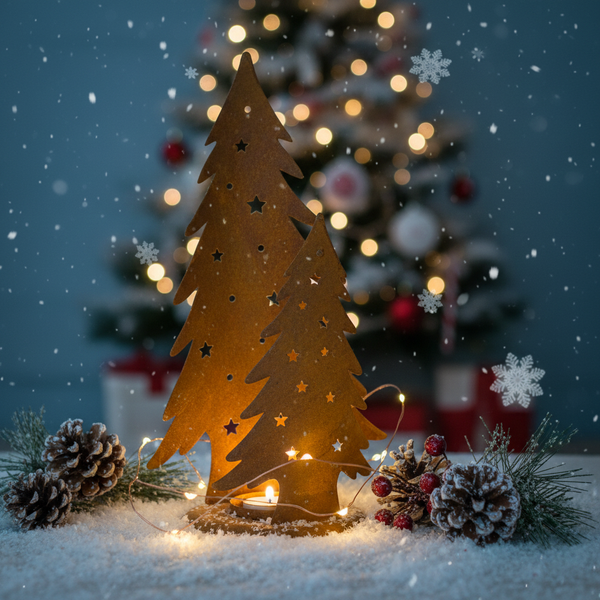 Weihnachtsdekoration mit zwei rostfarbenen Metall-Tannenbäumen, Sternenausschnitten, LED-Lichterkette und Teelicht auf Kunstschnee.