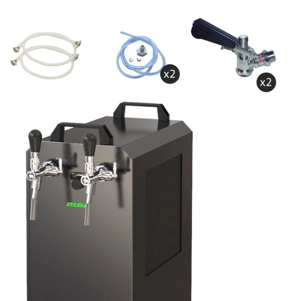 Bierzapfanlage mit zwei Zapfhähnen, Bierschläuchen und Zapfköpfen