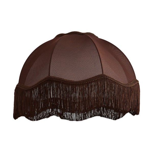 Brauner kuppelförmiger Lampenschirm aus Stoff mit dekorativen Fransen und Borte.