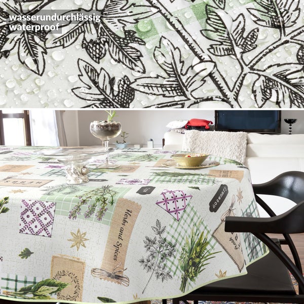 Wasserdichte Tischdecke mit Kräuter- und Gewürzmuster auf einem Esstisch