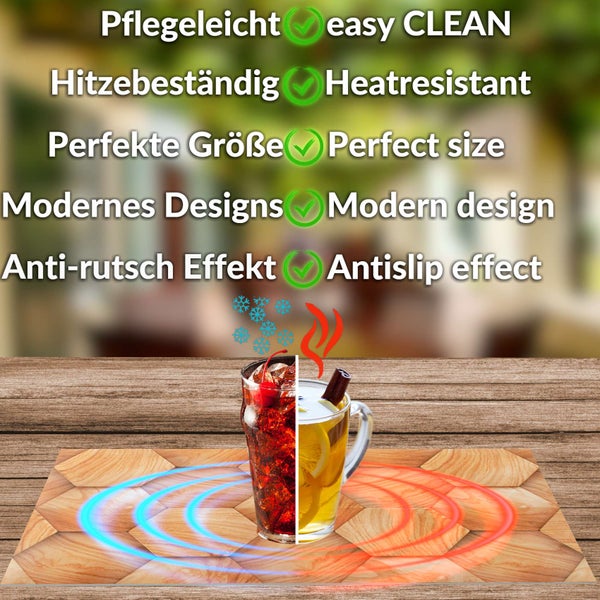 Pflegeleichtes, hitzebeständiges Tischset mit modernem Holz-Hexagon-Design, für heiße und kalte Getränke, mit Anti-Rutsch-Effekt.
