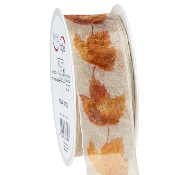 Dekoratives Geschenkband auf Rolle mit herbstlichem Ahornblätter-Motiv.