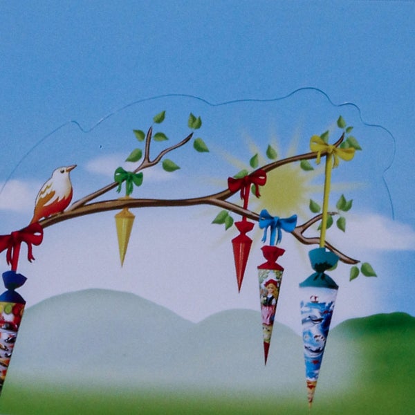 Dekoratives Wandbild mit Schulüten an einem Ast und Vogel