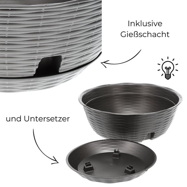 Pflanzschale Blumenschale Untersetzer Rattan Optik Kunststoff Friedhof Garten anthrazit 40 cm