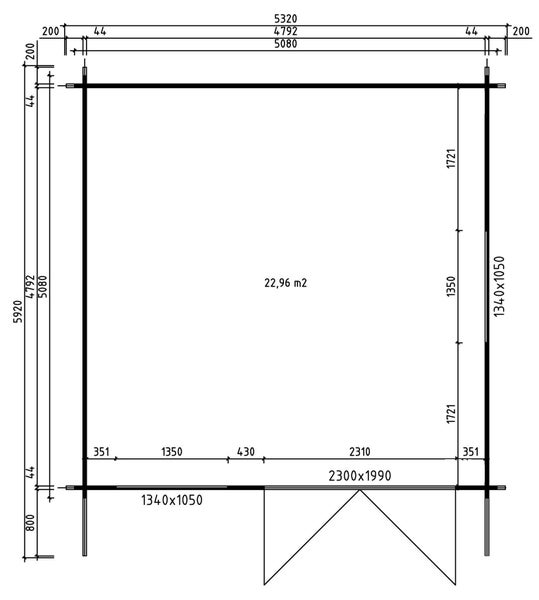 Technischer Grundriss eines Gartenhauses mit Maßangaben in Millimetern und einer Grundfläche von 22,96 Quadratmetern.