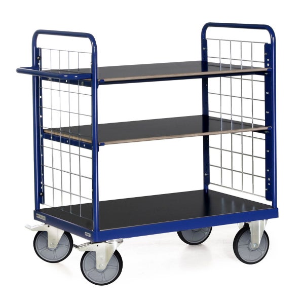 Blauer Etagenwagen mit drei Böden und Rollen