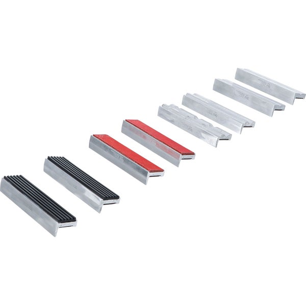 Schutzbacken-Set für Schraubstock aus Aluminium, 8-teilig, mit verschiedenen Oberflächen zur Schonung von Werkstücken.