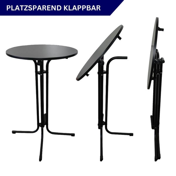 Klappbarer Stehtisch aus Metall in drei Ansichten: aufgebaut, halb zusammengeklappt und vollständig zusammengeklappt.