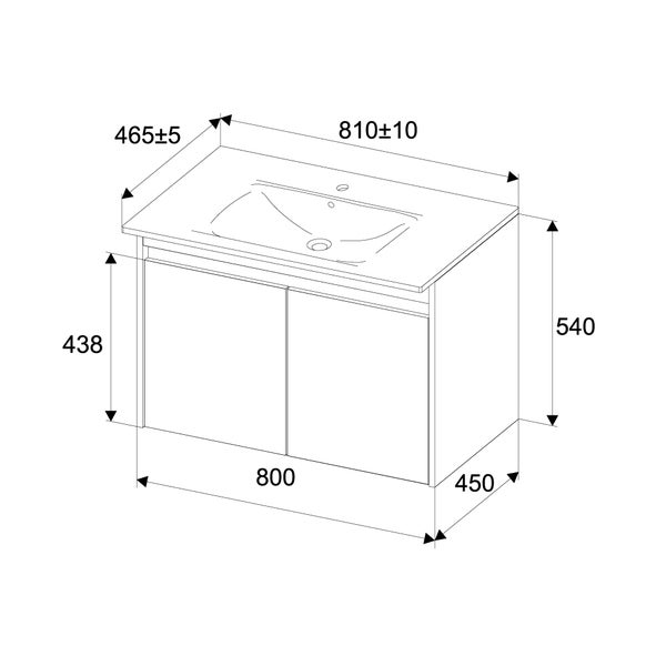 Technische Zeichnung eines Waschtischunterschranks mit Waschbecken und Maßangaben