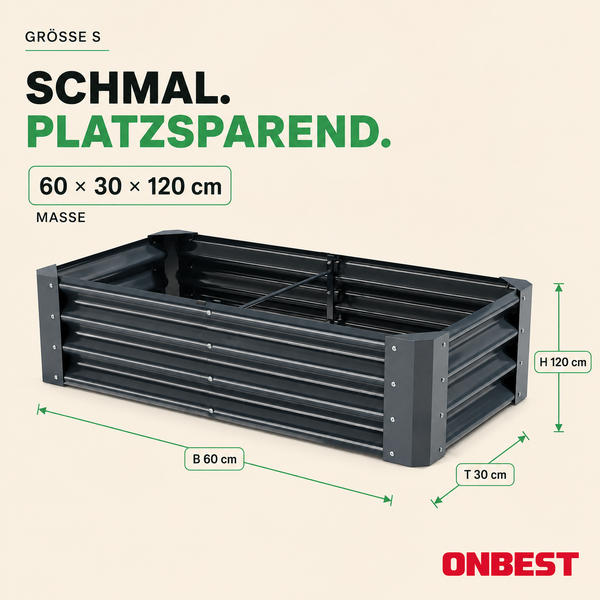 ONBEST Hochbeet Größe S, 60 mal 30 mal 120 Zentimeter. Schmales, platzsparendes Design aus anthrazitfarbenem Metall. ONBEST Logo.