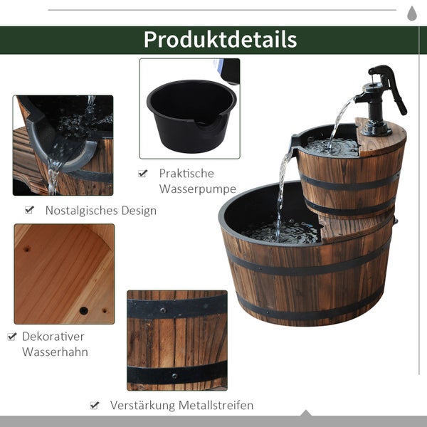 Zweistufiger Zierbrunnen aus Holz mit Wasserpumpe und Maßangaben