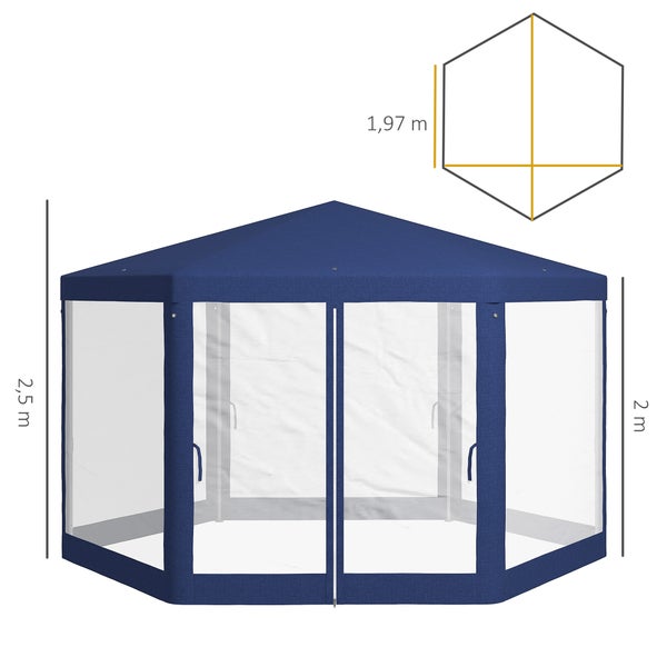 Outsunny Pavillon 4x3m Sechseckig Wasserabweisend Stabil Winterfest Pavillon mit Moskitonetz Partyzelt Gartenzelt mit 6 Seitenteilen Gartenpavillon für Camping Garten, Blau