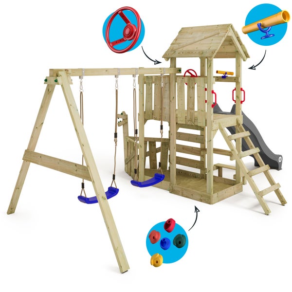 WICKEY Spielturm Klettergerüst GalleyFlyer mit Schaukel und Rutsche, Kletterturm mit Sandkasten, Kletterleiter und Spiel-Zubehör – anthrazit