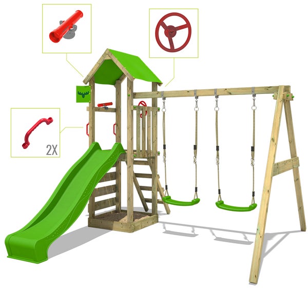 FATMOOSE Spielturm KiwiKey mit Schaukel und apfelgrüner Rutsche mit Sandkasten, Leiter und Spiel-Zubehör