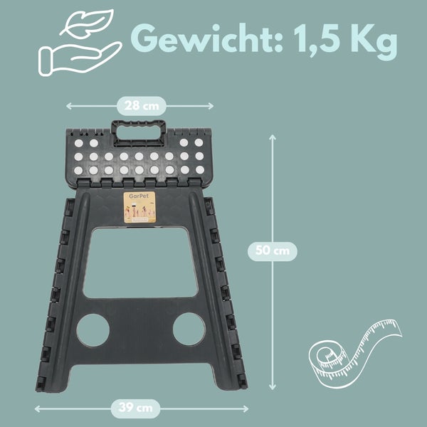 Grauer Klapptritt mit den Maßen 28 cm Breite oben, 39 cm Breite unten und 50 cm Höhe