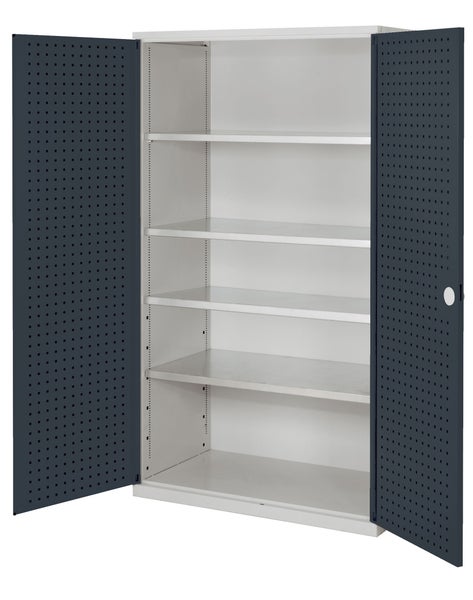 Werkstattschrank mit Lochblechtüren und Regalböden