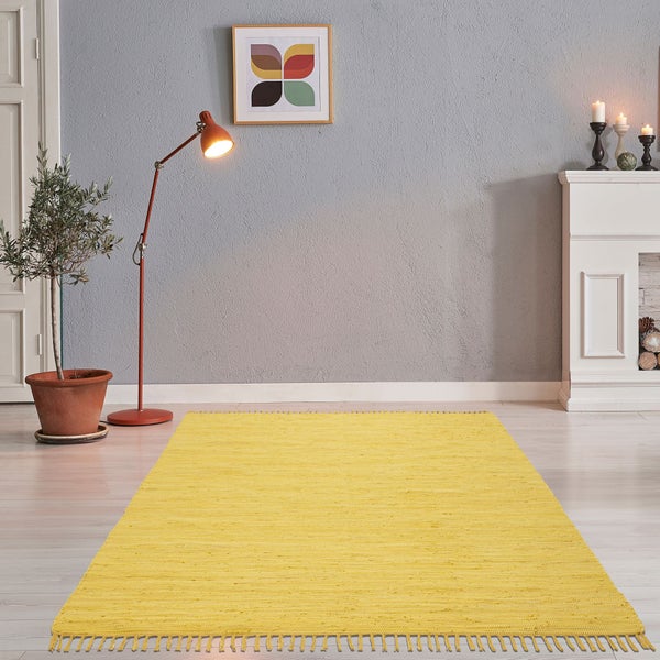 Handgewebter Fleckerlteppich aus Baumwolle Chindi Gelb 70x140 cm