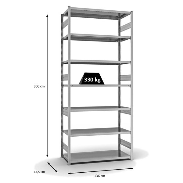 PROREGAL Fachbodenregal Stecksystem T-Profil Heavy-Duty Grundregal HxBxT 300 x 130 x 60 cm 7 Ebenen Fachlast 330 kg Beidseitig Nutzbar Verzinkt