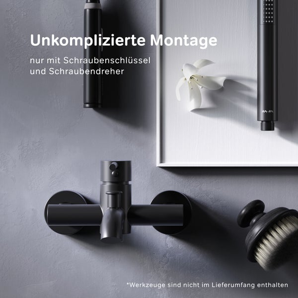 Aufputz Duscharmatur in Schwarz mit Handbrause und Montagehinweis
