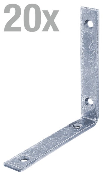 Set aus 20 verzinkten Stahl Winkeln zur stabilen Verbindung von Bauteilen im Innen und Außenbereich.