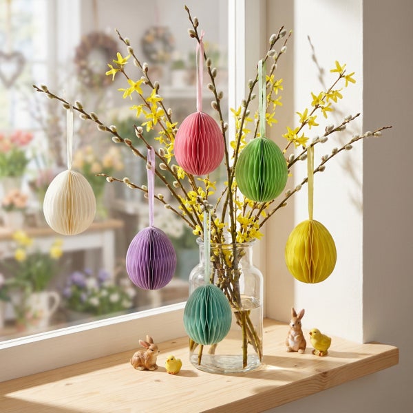 Osterdekoration mit hängenden Wabenpapier-Eiern an Forsythienzweigen in einer Glasvase, ergänzt durch kleine Hasen- und Kükenfiguren.