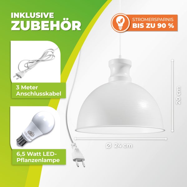 Weiße LED-Pflanzenlampe inklusive 3 Meter Anschlusskabel und 6,5 Watt LED-Leuchtmittel, Durchmesser 24 Zentimeter, Höhe 20 Zentimeter.