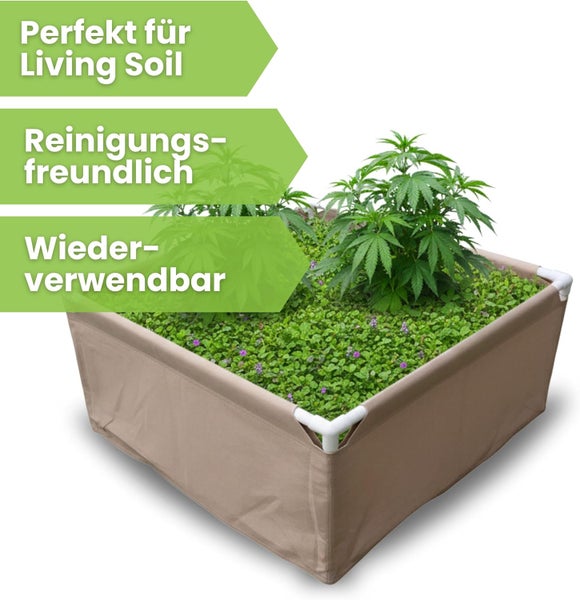 Quadratisches Hochbeet aus Stoff mit Pflanzen