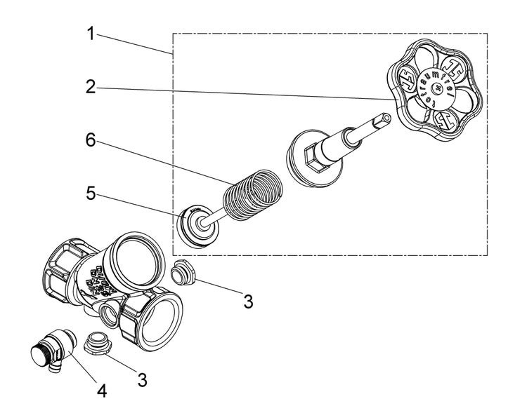 Technische Zeichnung eines Ventil-Ersatzteilsatzes mit nummerierten Teilen wie Handrad, Spindel und Gehäuse.