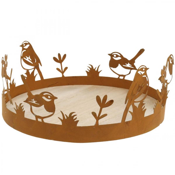 Dekoschale mit Vogelmotiven aus Metall und Holz