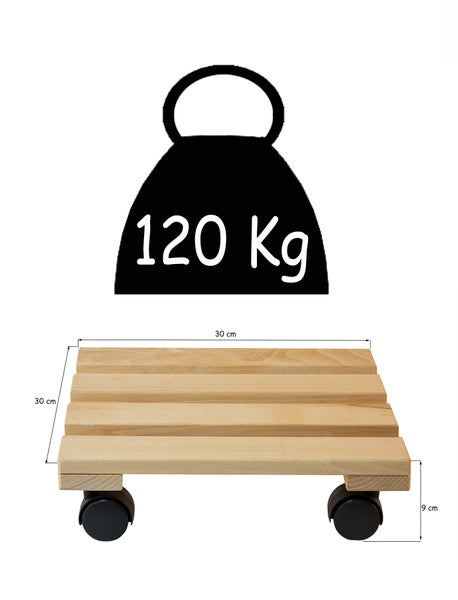 Pflanzenroller aus Holz mit einer Traglast von 120 Kilogramm und den Maßen 30 mal 30 Zentimeter
