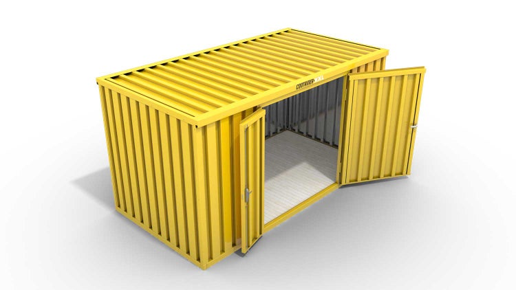 Lagercontainer Gerätehaus M  – 6 qm, H2150 x B3050 x T2170 mm, Außenwandlackierung RAL 1003 signalgelb, Dach außen verzinkt, mit Holzfußboden, 1830 mm Doppelflügeltür mittig in Breitseite, montiert