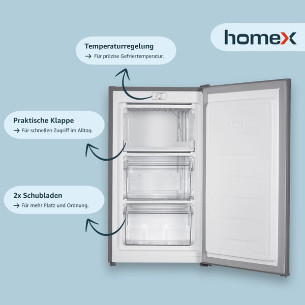 homeX Gefrierschrank Tiefkühlschrank klein 60L Nutzinhalt 4-Sterne Gefrieren Freezer kompakt freistehend silber
