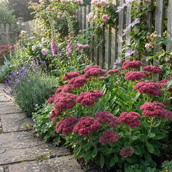 Blühender Garten mit Steinweg, Fetthenne, Lavendel und Fingerhut vor einem Holzzaun mit Kletterrosen und Clematis.
