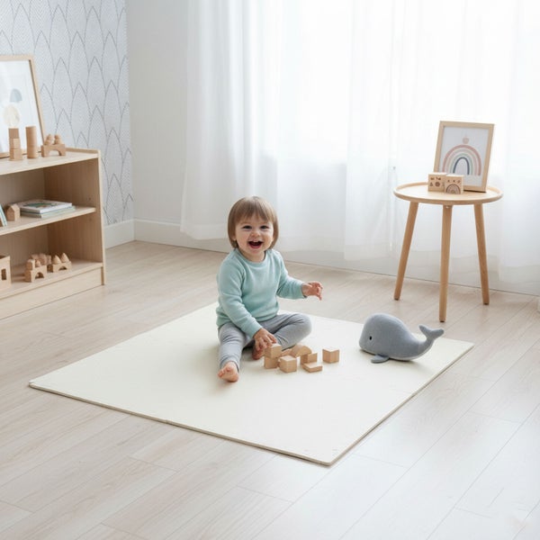 Kleinkind spielt auf einer Spielmatte in einem hellen, organisierten Kinderzimmer mit Holzspielzeug und einem Plüschwal auf hellem Holzboden.