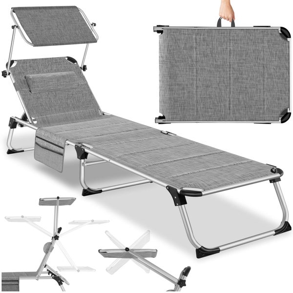 Klappbare Gartenliege in Grau mit verstellbarem Sonnendach, Kopfkissen, Seitentasche und Tragegriff, inklusive Funktionsdarstellungen.