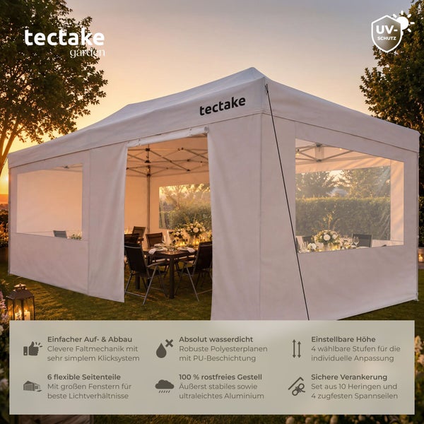 tectake Faltpavillon mit Fenstern auf Rasen. Infos zu Wasserdichtigkeit, Polyurethan-Beschichtung und Ultraviolett-Schutz. Tectake Garden Logo.